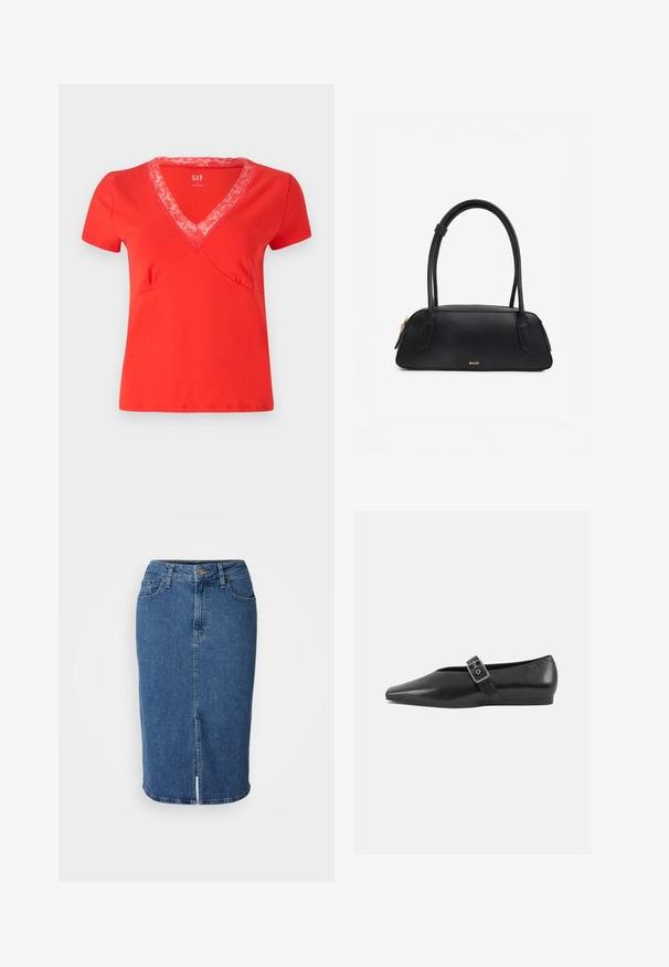 T-shirt rouge à manches courtes et encolure en V avec finition en dentelle. Tissu doux, coupe ajustée et surpiqûres décoratives le long des coutures.; Jupe en denim de bleu moyen, longueur genoux, design ajusté avec une fente à l'avant. Comprend cinq poches et une fermeture à boutons avec passants de ceinture.; Chaussure plate en cuir noir avec un orteil pointu, présentant une sangle à boucle métallique sur le cou-de-pied et une semelle basse et flexible.; Sac à main rectangulaire noir aux bords arrondis, double bandoulière, fermeture éclair dorée et logo de la marque « RAID » embossé en or au centre devant.