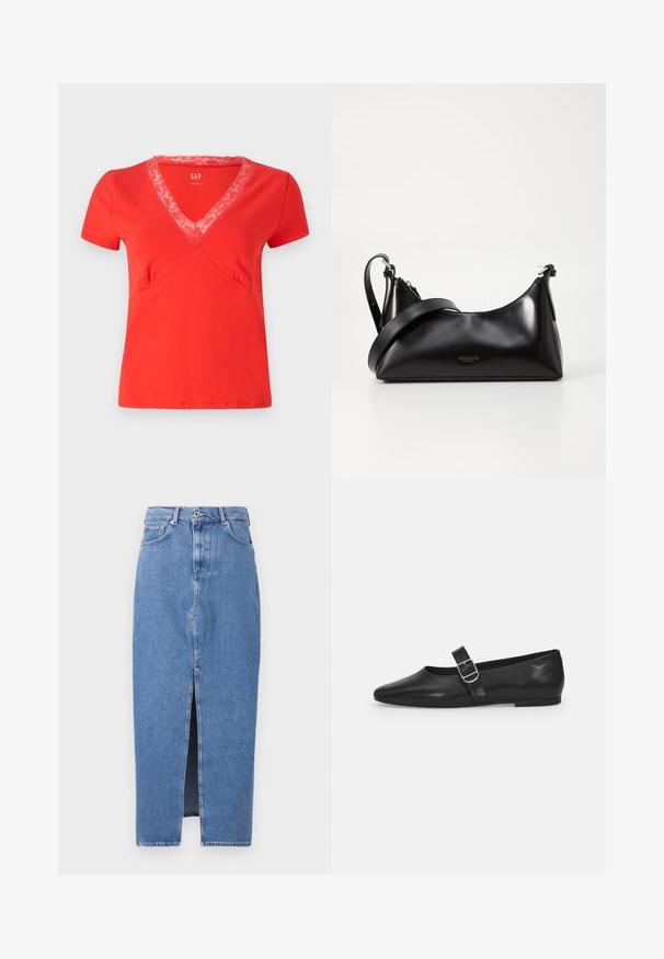 T-shirt rouge à manches courtes et encolure en V avec finition en dentelle. Tissu doux, coupe ajustée et surpiqûres décoratives le long des coutures.; Jupe midi en denim bleu clair avec une fente avant, design classique à cinq poches et fermeture par bouton supérieur. Le tissu présente une légère texture.; Chaussure plate en cuir noir avec un bout arrondi, une seule sangle réglable à boucle et une texture lisse et brillante. Design minimaliste avec un petit talon.; Sac à main en cuir noir avec une texture lisse. Dispose d'une bandoulière adjustable et d'un design élégant et minimaliste avec une fermeture éclair.