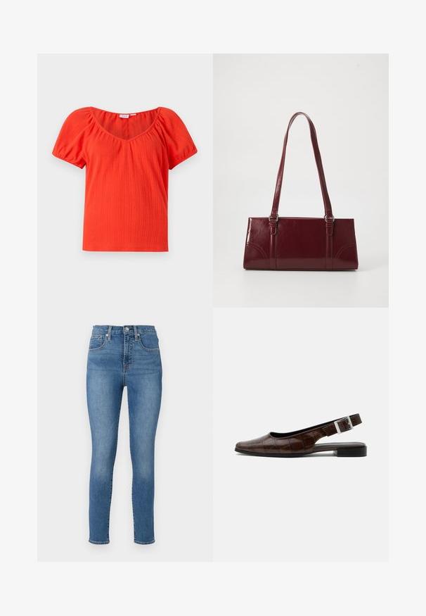 Rotes, geripptes Kurzarmoberteil mit weitem Ausschnitt und gerafften Puffärmeln, gefertigt aus einem leichten, strukturierten Stoff.; GAP SKINNY TALMA - Jeans Skinny Fit - medium indigo; Dunkelbrauner Lederslingback-Flachschuh mit quadratischer Spitze, Krokodillederstruktur und silberner Schnalle am Riemen.; Burgunderfarbene Handtasche aus glänzendem Material, rechteckige Form, mit zwei Schulterriemen und subtilen, geschwungenen Akzenten an der Vorderseite.