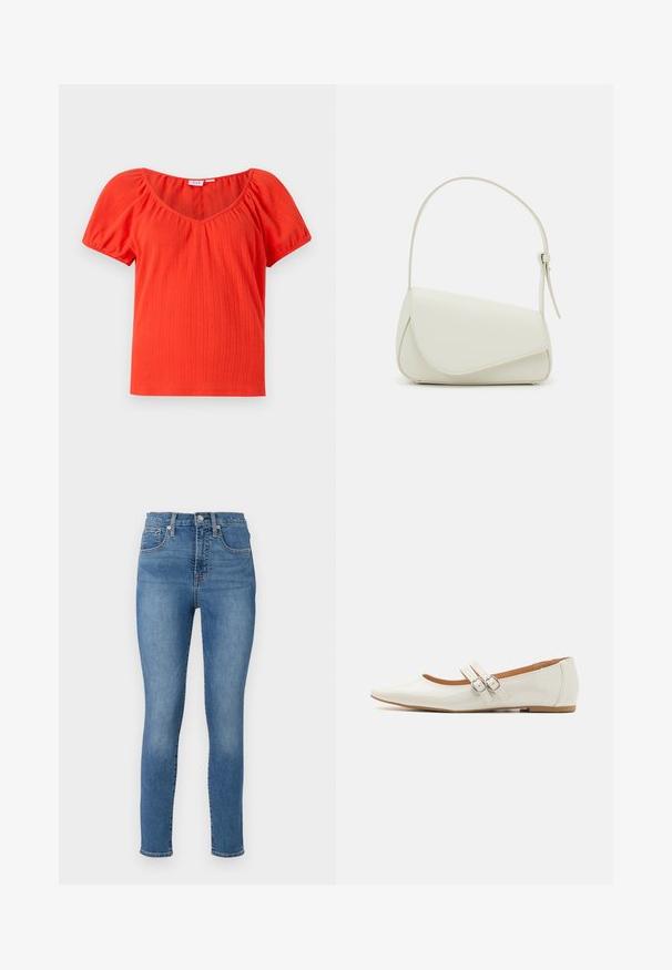 Punane ribaga lühikeste varrukatega topp laia kaelusega ja kogutud puffvarrukatega, millel on kerge ja tekstuuriga kangas.; GAP SKINNY TALMA - Kitsa lõikega teksad - medium indigo; Valged lakkkingad terava ninaga, kahe dekoratiivse rihmaga, millel on hõbedased pandlad, ja peene pruuniga tallaga.; Valge kunstnahast käekott, millel on struktureeritud kolmnurkne kuju, üks reguleeritav rihm ja kõverjooneline klapp.