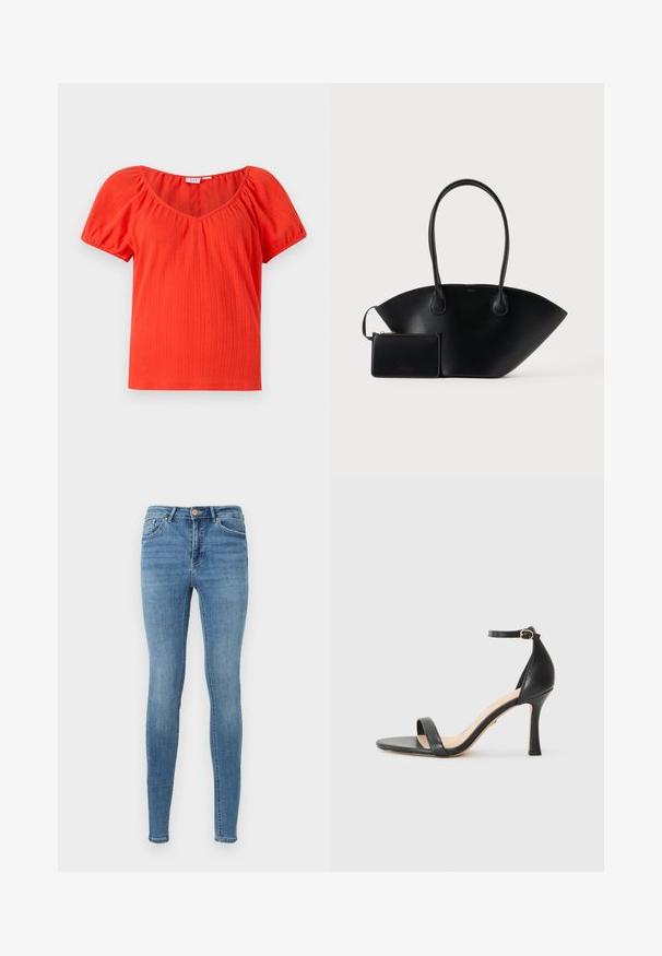Rotes, geripptes Kurzarmoberteil mit weitem Ausschnitt und gerafften Puffärmeln, gefertigt aus einem leichten, strukturierten Stoff.; Blaue High-Waist Skinny Jeans mit vorderen Taschen, Gürtelschlaufen, Knopfverschluss und dezentem Verblassen an Oberschenkeln und Knien.; Schwarze Leder-High-Heel-Sandale mit dünnem Knöchelriemen, offener Zehenpartie und einem eleganten, geschwungenen Absatz. Strukturiertes Sohlenprofil und minimalistisches Design.; Schwarze Lederhandtasche mit langen Griffen und einem passenden kleinen Reißverschlussbeutel vor einfarbigem Hintergrund.