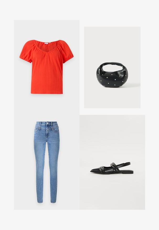 Rotes, geripptes Kurzarmoberteil mit weitem Ausschnitt und gerafften Puffärmeln, gefertigt aus einem leichten, strukturierten Stoff.; Eng anliegende Jeans aus hellblauem Denim mit hoher Taille, zwei Fronttaschen und Reißverschluss. Verfügt über eine glatte Textur und dezentes Fading.; Even&Odd by Zalando Sling-Ballerina - black; Schwarze Lederhandtasche mit abgerundeter Form, verziert mit silbernen Nietenakzenten und kurzem Griff. Glatte Struktur und Reißverschlussverschluss.