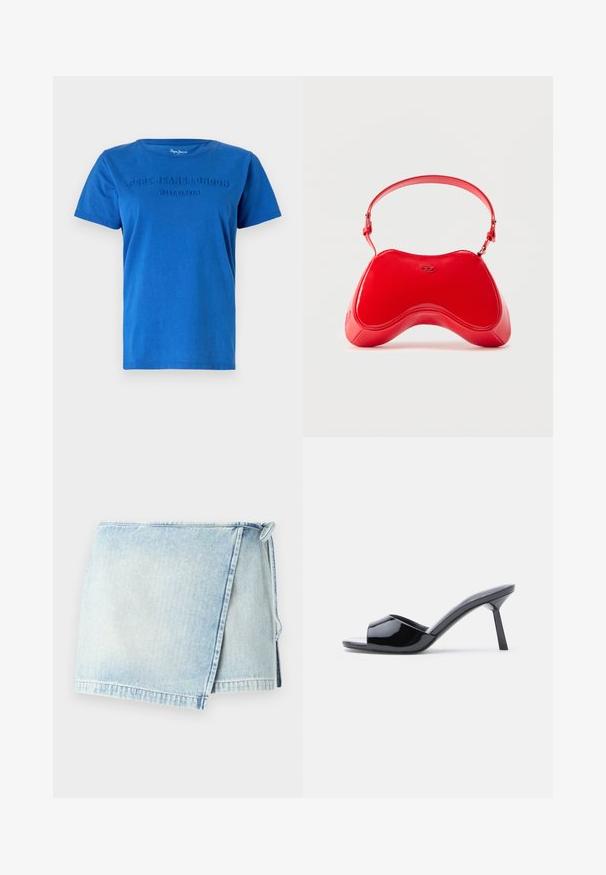 Blå bomulds T-shirt med korte ærmer, med hævet tekst "PEPE JEANS LONDON WEST ELEVEN" på tværs af brystet i matchende farve.; Lyseblå denim omslagskirt med en frynset kant, der har en knyttelukning på den ene side. Stoffet har en falmet, slidt tekstur.; Sorte laklæder sandaletter med åben tå, der har et buet overdesign og en spids stilethæl. Glat, blank finish.; Rød taske i laklæder med en buet, ergonomisk form, der har en tynd justerbar rem og en diskret logodetalje foran.