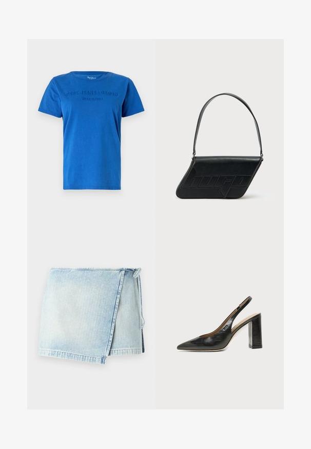 Blå bomulds T-shirt med korte ærmer, med hævet tekst "PEPE JEANS LONDON WEST ELEVEN" på tværs af brystet i matchende farve.; Lyseblå denim omslagskirt med en frynset kant, der har en knyttelukning på den ene side. Stoffet har en falmet, slidt tekstur.; Sort læder peep-toe slingback sko med høj blokhæl og beige indvendig foring mod en ensfarvet lys baggrund.; Sort skuldertaske i læder med trekantet form, præget logo og en enkelt justerbar rem. Minimalistisk design med glat tekstur.
