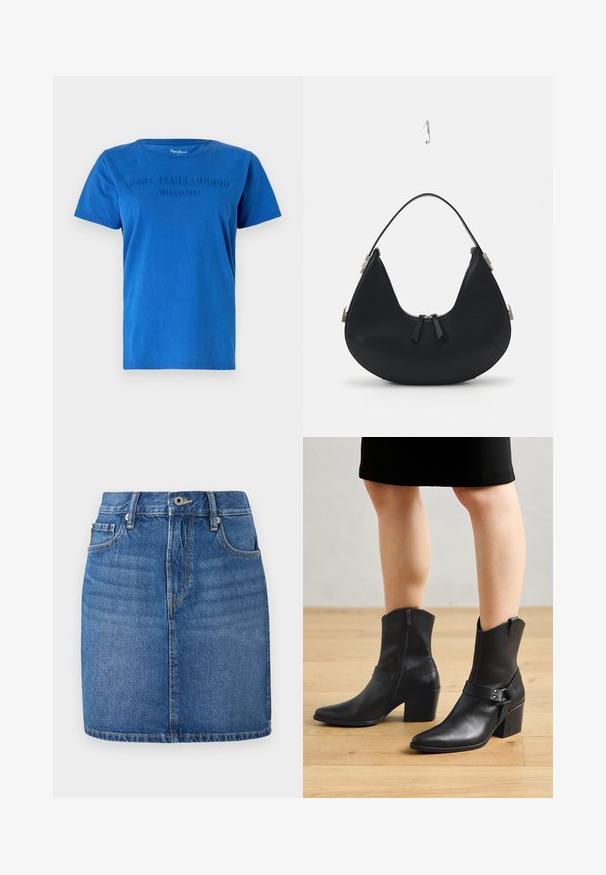 Blå bomulds T-shirt med korte ærmer, med hævet tekst "PEPE JEANS LONDON WEST ELEVEN" på tværs af brystet i matchende farve.; Denim nederdel i blå, lige skæring med taljebånd, forlommer og en falmet finish. Har kontrast syninger og lynlås til åbning.; Sorte læder ankelstøvler med spids tå, lynlås lukning, buet hæl og en dekorativ rem med metal detaljer.; Sort læderhandtaske med en buet form, lynlåslukning, to sorte frynser og sølvhardware-detaljer, herunder en unik fastgørelsesdetalje.