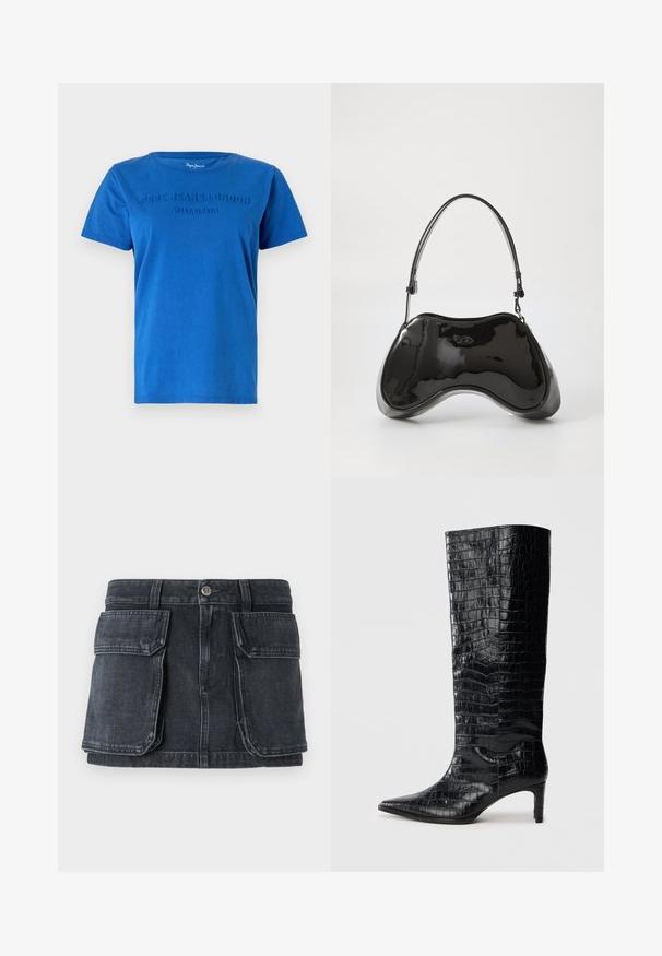Blaues Baumwoll-T-Shirt mit kurzen Ärmeln, das auf der Brust in passender Farbe den erhabenen Text "PEPE JEANS LONDON WEST ELEVEN" zeigt.; Schwarzer Denimrock mit schmaler Taille, Knopfverschluss, zwei großen Fronttaschen und kontrastierenden Nähte.; Schwarze kniehohe Stiefel mit glänzender, krokodilgeprägter Textur, spitzer Zehenpartie und schmalem Absatz. Glattes synthetisches Material.; Schwarze Handtasche aus lackiertem Leder mit einer einzigartigen, geschwungenen Form, kurzem verstellbarem Griff und einem Reißverschluss oben. Glatte Textur mit dezentem Branding.