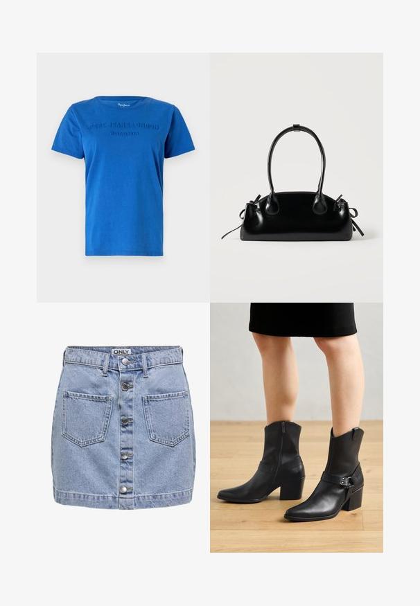 Blå bomulds T-shirt med korte ærmer, med hævet tekst "PEPE JEANS LONDON WEST ELEVEN" på tværs af brystet i matchende farve.; Lys blå denim mini-sundress med fem knapper foran, to påsyede lommer, og en let slidt struktur. Mærket hedder "ONLY."; Sorte læder ankelstøvler med spids tå, lynlås lukning, buet hæl og en dekorativ rem med metal detaljer.; Lille sort blank håndtaske med to lange håndtag og snøre-detaljer i siden på en ensfarvet lys baggrund.