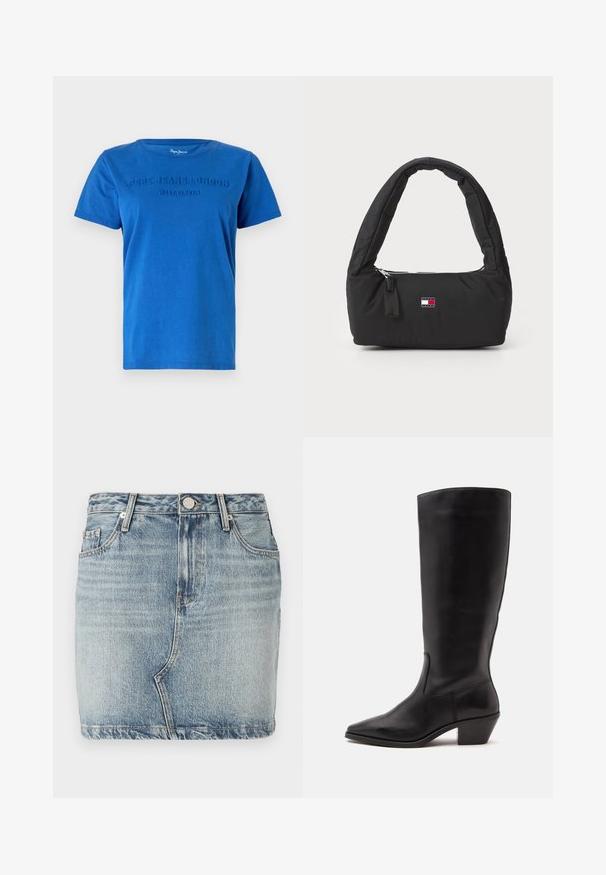 Blaues Baumwoll-T-Shirt mit kurzen Ärmeln, das auf der Brust in passender Farbe den erhabenen Text "PEPE JEANS LONDON WEST ELEVEN" zeigt.; Hellblauer Jeans-Minikilt mit figurbetontem Schnitt, fünf Taschen, Gürtelschlaufen sowie Knopf- und Reißverschluss. Ausgefranste Details am Saum.; Schwarzer Lederstiefel bis zur Wade mit spitzer Spitze und niedrigem schrägem Absatz vor einfachem hellem Hintergrund.; Schwarze Nylon-Handtasche mit einem gebogenen, gepolsterten Griff, silbernem Reißverschluss und einem kleinen Logo-Patch in Rot, Weiß und Blau.
