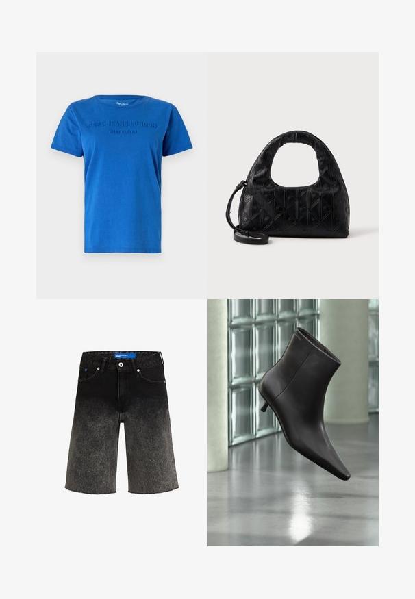 Blå bomulds T-shirt med korte ærmer, med hævet tekst "PEPE JEANS LONDON WEST ELEVEN" på tværs af brystet i matchende farve.; Sorte denimshorts med en gradientfade fra mørk til lys. Har en frynset kant, to frontlommer og et mærket blåt label på taljen.; Sort læderankelstøvle med spids tå og lille hæl vist mod en væg af glasblokke og poleret gulv baggrund.; Sort læderhåndtaske med et buet topgreb, subtil diamantmønster og en aftagelig rem. Teksturen er glat med prægede detaljer.