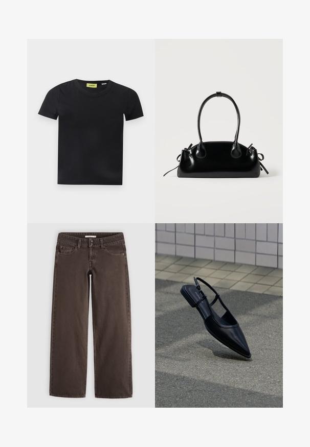 Sort kortærmet T-shirt med rund hals og en gul label inde i kraven mærket "JJXX" på en hvid baggrund.; Brune straight-leg denim jeans med forlommer, møntlomme, bæltestropper og dobbelte knapper i taljen.; Sort slingback-flad sko med spids tå, svævende over en asfaltflade ved siden af en flisebelagt fortov.; Lille sort blank håndtaske med to lange håndtag og snøre-detaljer i siden på en ensfarvet lys baggrund.