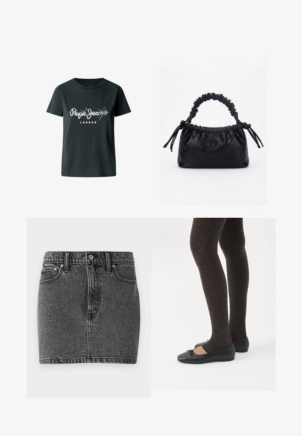 Must musta musta T-särk, millel on rinnas valge kulunud logo "Pepe Jeans LONDON" ning lühikesed varrukad ja ümmargune kaelus.; Tumed hallitusest denim seelik, millel on hõbedased nupud. Omab stiilset vormi, klassikalist viit taskut ja vöölõikeid.; Jalad seljas tumedad soonelises soonelises kombines mustade baleriinadega, millel on väikesed paelade detailid valgel taustal.; Must käekott krokodillinaha tekstuuriga, voltis ülaservaga, kogutud sangaga ja kummipaeladega tutsidega igal küljel valgel taustal.