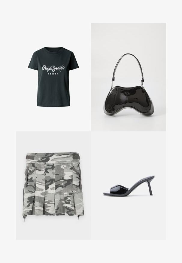 Zwarte katoenen T-shirt met een witte versleten logo "Pepe Jeans LONDON" over de borst, met korte mouwen en een ronde hals.; Een rok met camouflagepatroon in grijstinten en zwart, met plooien, twee zijzakken en een rits sluiting aan de onderkant.; Zwarte lakleren open-teen sandalen met hak, met een gebogen bovenkant ontwerp en een taps toelopende naaldhak. Gladde glanzende afwerking.; Zwarte gepatenteerde leren handtas met een unieke gebogen vorm, korte verstelbare handgreep en een ritsopening. Glad uiterlijk met subtiele branding.
