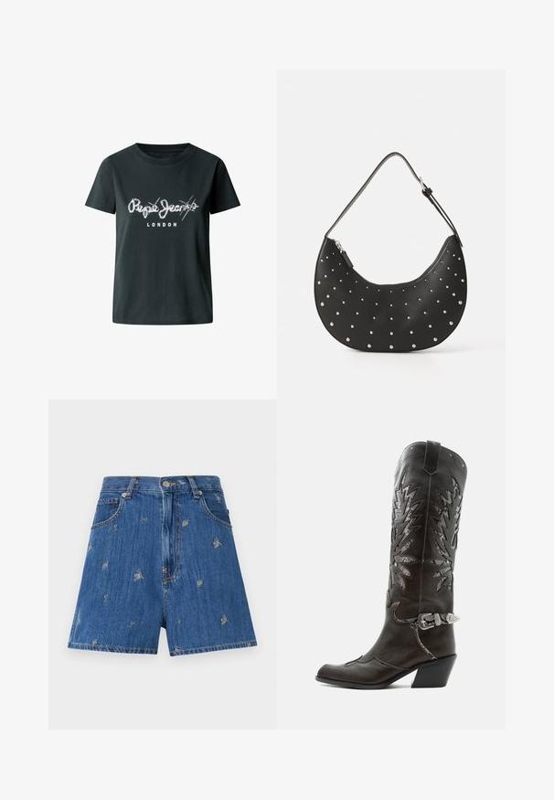 Zwarte katoenen T-shirt met een witte versleten logo "Pepe Jeans LONDON" over de borst, met korte mouwen en een ronde hals.; Denim short broek in medium blauw met geborduurde bloemen- en vlinderpatronen. Kenmerkt zich door een klassiek vijf-pocket ontwerp en een knoopsluiting.; Zwarte leren cowboylaars met decoratieve uitsnijdingen, zilveren gesp en schuine hak, weergegeven op een witte achtergrond.; Zwarte leren handtas met een gebogen vorm, versierd met zilveren studs, voorzien van een ritssluiting en een enkele verstelbare schouderband.