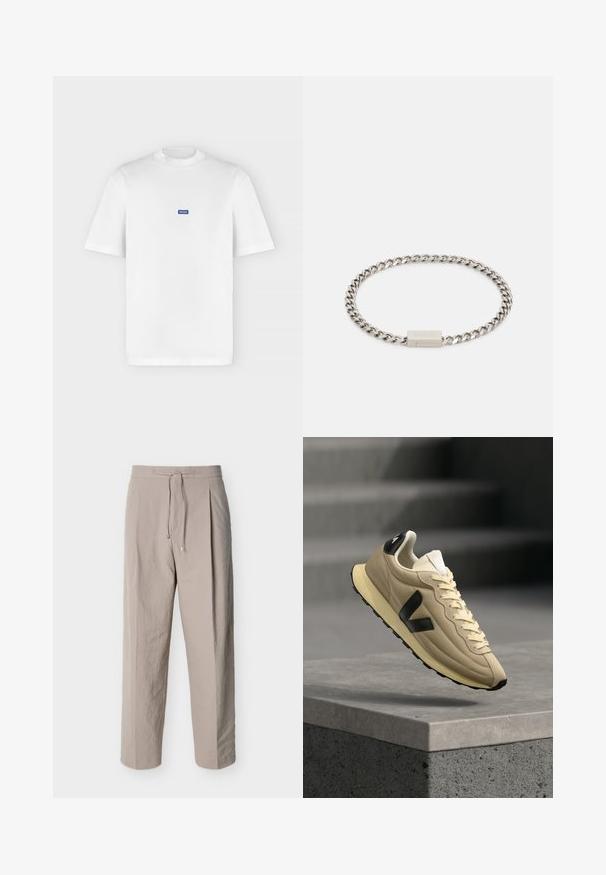 Weißes T-Shirt mit kurzen Ärmeln und Rundhalsausschnitt mit einem kleinen blauen rechteckigen "HUGO" Logo, das auf der Brust zentriert ist.; Beige strukturierte Hose mit Kordelzug, geraden Beinen und elastischem Bund, auf weißem Hintergrund dargestellt.; Beiger Sneaker mit schwarzem Logo und Sohle, in der Luft über einer Betonkante aufgenommen, mit verschwommenen Treppen im Hintergrund.; Silberne Metallkette Armband mit einem flachen rechteckigen Verschluss, der eine glatte Textur und ein ineinander verknüpftes Design aufweist. Akzentuiert mit einer Markenprägung.