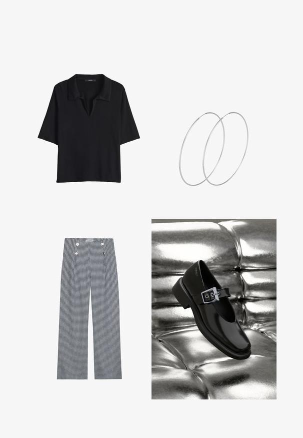 Zwart T-shirt met korte mouwen en een kraag, gemaakt van zachte stof, met een ontspannen pasvorm en een minimalistisch ontwerp zonder zichtbare patronen.; Zwart-wit geruite oversized broek met voorplooien en goudkleurige knopenaccenten op de tailleband. Gladde stoftextuur.; Zwarte leren Mary Jane-schoenen met een vierkante neus, een zilveren gesp accent en een chunky lage hak, tegen een glanzende zilveren achtergrond.; Zilveren hoepel oorbellen met een minimalistisch ontwerp. Cirkelvormig, gladde textuur en dun profiel. Lichtgewicht met een gepolijste afwerking.
