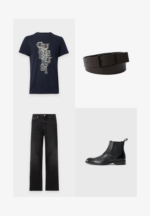 Tricou bleumarin cu mâneci scurte și text alb vertical „GUESS EST. 1981” în font serif stratificat pe față.; Blugi negri cu croială dreaptă, design cu cinci buzunare, bucle pentru curea și închidere cu nasture, expuși pe un fundal alb.; Botine negre din piele cu panouri elastice laterale, vârf rotunjit și un tab de tragere. Textură netedă, talpă plată, design minimalist.; Curea de piele neagră cu textură, rulată, cu o cataramă dreptunghiulară neagră și mai multe găuri de reglare.