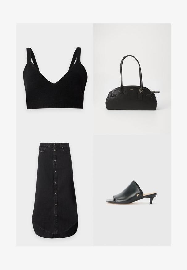 Zwarte gebreide bralette met een diepe V-hals, brede schouderbanden en een geribbeld band. Zachte textuur zonder zichtbare hardware of accenten.; Zwarte leren midi-rok met een sluiting aan de voorkant van knopen, een gebogen zoom, riemlussen en voorzakken.; Zwarte leren open teen muiltjes met een lage hak. Heeft een glad oppervlak en een gouden logo accent aan de zijkant.; Zwarte leren handtas met een ronde vorm, twee lange handvatten, gouden hardware en een klein label bevestigd. Ritsopening aan de bovenkant.