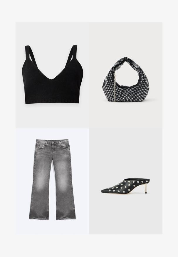 Zwarte gebreide bralette met een diepe V-hals, brede schouderbanden en een geribbeld band. Zachte textuur zonder zichtbare hardware of accenten.; Grijze verwassen wijde jeans met knoop en rits aan de voorkant, vijf zakken en subtiele versleten textuur op de pijpen en zomen.; STAND STUDIO KELSEY - Muiltjes met hak - black; Zwarte mesh handtas versierd met zilveren studs, met een gebogen handvat en een kettingschouderriem. Zachte textuur met een ronde vorm.