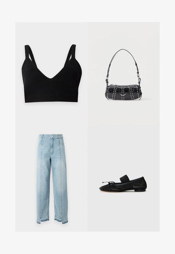 Zwarte gebreide bralette met een diepe V-hals, brede schouderbanden en een geribbeld band. Zachte textuur zonder zichtbare hardware of accenten.; Lichtblauwe spijkerbroek met brede pijpen, hoge taille en rafelige zoom. Heeft twee voorzakken en zichtbare stiksels langs de naden.; Zwarte platte schoen met een spitse neus, gemaakt van gestructureerde stof, met een strikaccent en een kleine, ronde hak. Elastische strap bij de enkel.; Zwarte lakleren schoudertas met zilveren studs in verticale rijen en een klein zilveren vogel-embleem in het midden aan de voorkant.