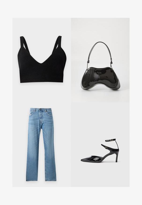 Schwarzes Strick-Bralette mit tiefem V-Ausschnitt, breiten Schulterträgern und einem gerippten Bund. Glatte Textur ohne sichtbare Beschläge oder Akzente.; Hellblaue Denim-Jeans mit geradem Bein-Design, featuring eine normale Taille, fünf Taschen und subtilem Verblassen des Stoffes.; Schwarze Lacklederabsätze mit spitzer Zehenpartie, verstellbaren Knöchelriemen und einem schlanken Absatz. Glatte Textur mit glänzender Oberfläche.; Schwarze Handtasche aus lackiertem Leder mit einer einzigartigen, geschwungenen Form, kurzem verstellbarem Griff und einem Reißverschluss oben. Glatte Textur mit dezentem Branding.