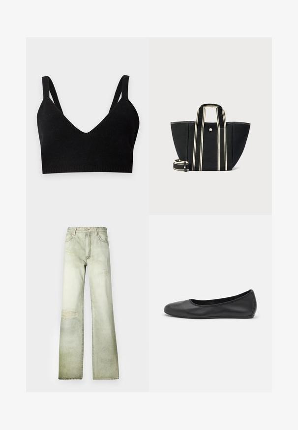 Bralette en maille noire avec un décolleté en V profond, de larges bretelles et une bande côtelée. Texture lisse sans matériel ou accents visibles.; Jeans en denim vert pâle avec une taille haute, une coupe large et des patches usés. Dotés d'une fermeture à bouton et de cinq poches.; Ballerines en cuir noir avec un bout rond, texture lisse, détails de couture minimalistes et design de semelle flexible.; Sac fourre-tout noir avec anses larges à rayures crème et bandoulière détachable, fermeture à bouton pression argenté, forme rectangulaire structurée.