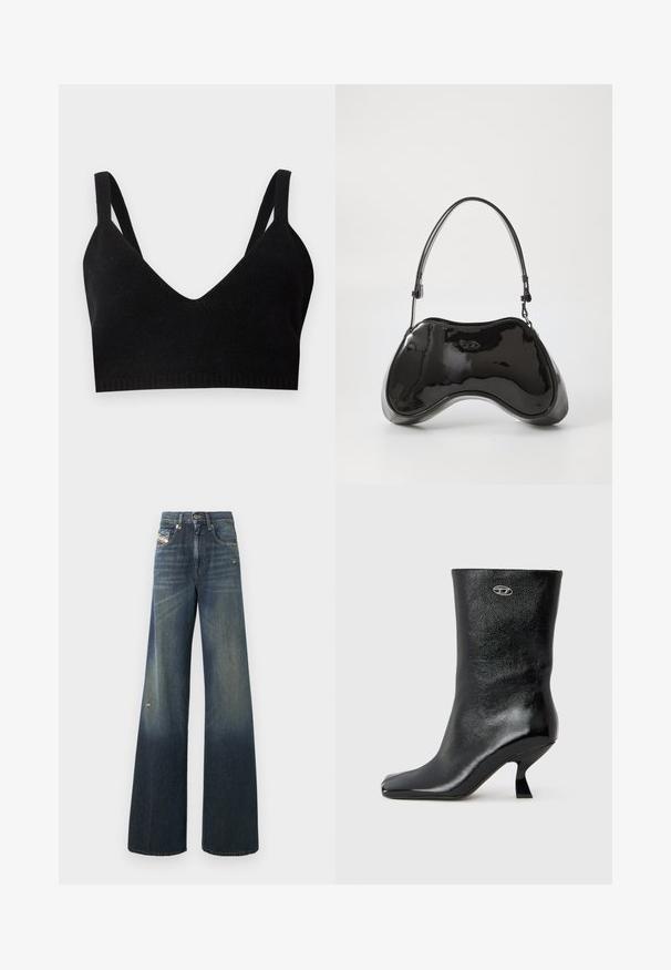 Sort strikket bh med dyb V-udskæring, brede skulderstropper og ribbet bånd. Glat tekstur uden synlig hardware eller detaljer.; Vidde ben jeans i mørkeblå med en falmet finish, med et slidt knæ og et klassisk fem-lomme design med et mærke.; Sort læderankelstøvle med blank finish, firkantet tå og unikt buet hældesign. Har en lille metallisk logoaccent.; Sort patentlæder håndtaske med en unik buet form, kort justerbar hank og en lynlåslukning i toppen. Glat tekstur med diskret branding.