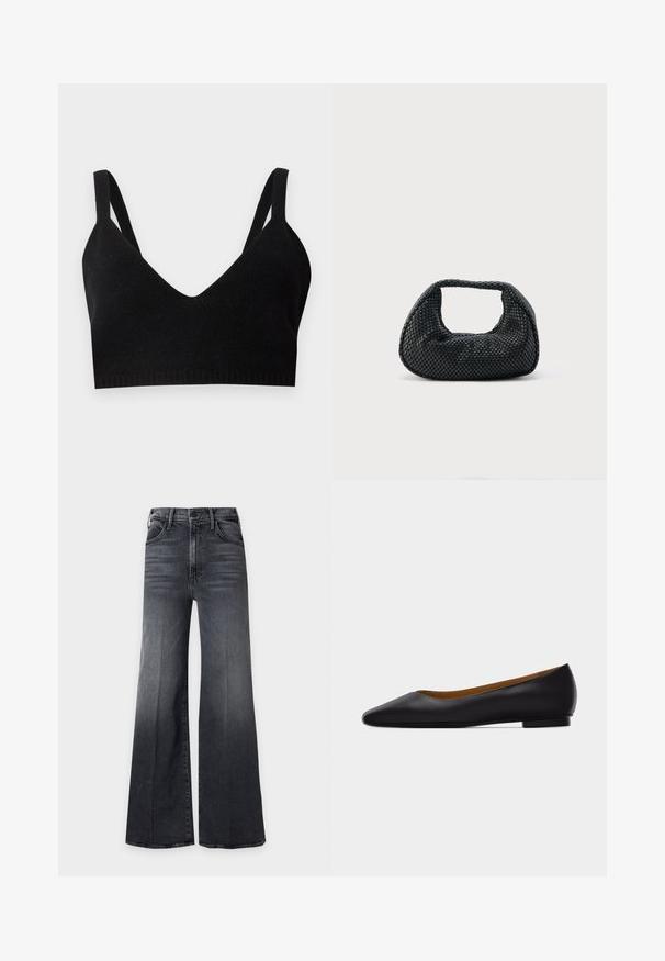 Schwarzes Strick-Bralette mit tiefem V-Ausschnitt, breiten Schulterträgern und einem gerippten Bund. Glatte Textur ohne sichtbare Beschläge oder Akzente.; Schwarze, hoch taillierte Jeans mit weitem Bein, Vordertaschen und Knopfverschluss, mit dezenten Ausbleich- und Whiskering-Details.; Schwarzer flacher Schuh aus Leder mit spitz zulaufender Vorderkappe, niedrigem Absatz und glatter Oberfläche, von der Seite vor einem hellgrauen Hintergrund dargestellt.; Schwarze gewebte Hobo-Tasche mit weicher Struktur und integriertem Griff, dargestellt vor einem schlichten hellen Hintergrund.