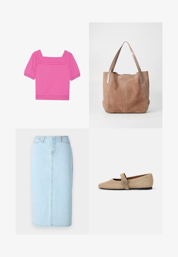 Top corto de algodón rosa con escote cuadrado, mangas cortas y detalles perforados alrededor del escote. Textura suave, diseño casual.; Minifalda de mezclilla azul claro con cintura alta, diseño de cinco bolsillos y sutiles detalles de costura a lo largo de las costuras.; Bailarinas de ante beige estilo Mary Jane con punta afilada y una sola correa ajustable con hebilla de plata. Suela plana negra.; Anna Field LEATHER - Bolso shopping - taupe