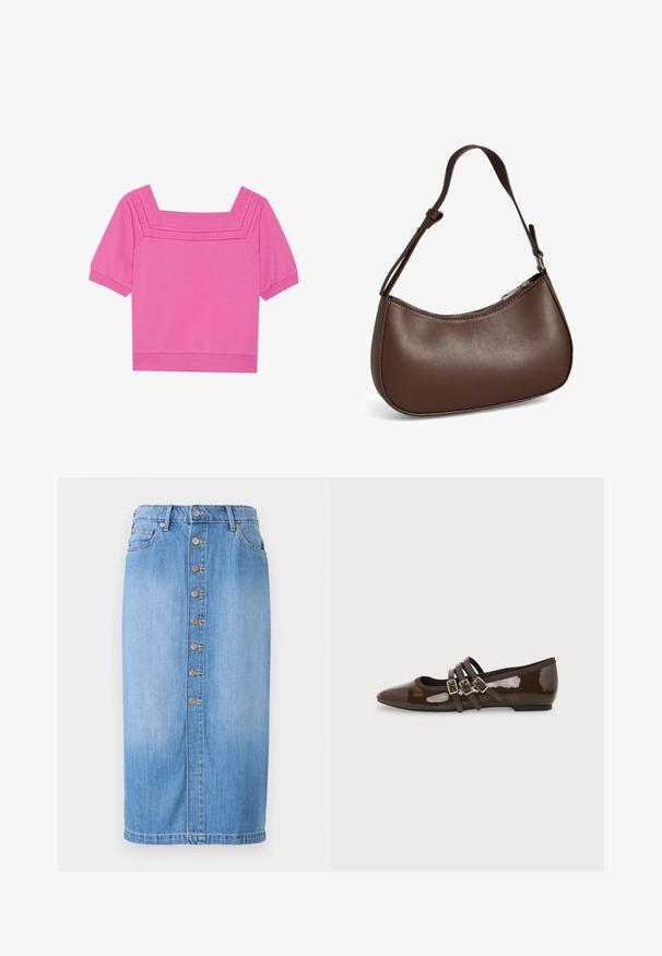 Top corto de algodón rosa con escote cuadrado, mangas cortas y detalles perforados alrededor del escote. Textura suave, diseño casual.; Falda midi de mezclilla azul con corte recto, que presenta un cierre frontal de botones, cinco bolsillos y un lavado desgastado para dar textura.; Zapato plano de charol marrón con punta en forma de pico y tres correas ajustables con hebilla en el lateral, mostrado desde el perfil exterior.; Pequeño bolso bandolera de cuero marrón con correa ajustable y cierre de cremallera, mostrado sobre un fondo blanco. Sin logotipos ni adornos visibles.