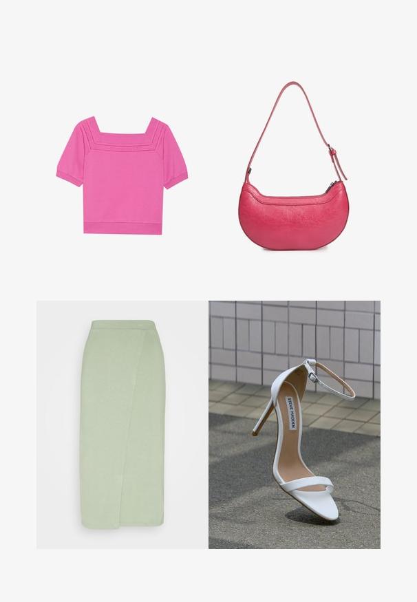 Kort lyserød bomuldsbluse med firkantet udskæring, korte ærmer og perforerede detaljer omkring udskæringen. Glat tekstur, afslappet design.; Anna Field Tubenederdele - light green; Hvid højhælet sandal med ankelrem, spids snude, glat lædertekstur og en slank stiletthæl. "Steve Madden" mærke synligt.; Lyserød læderhandbag med en buet form, en enkelt justerbar skulderrem og en top-lynlås. Tekstureret overflade med synlige folder.