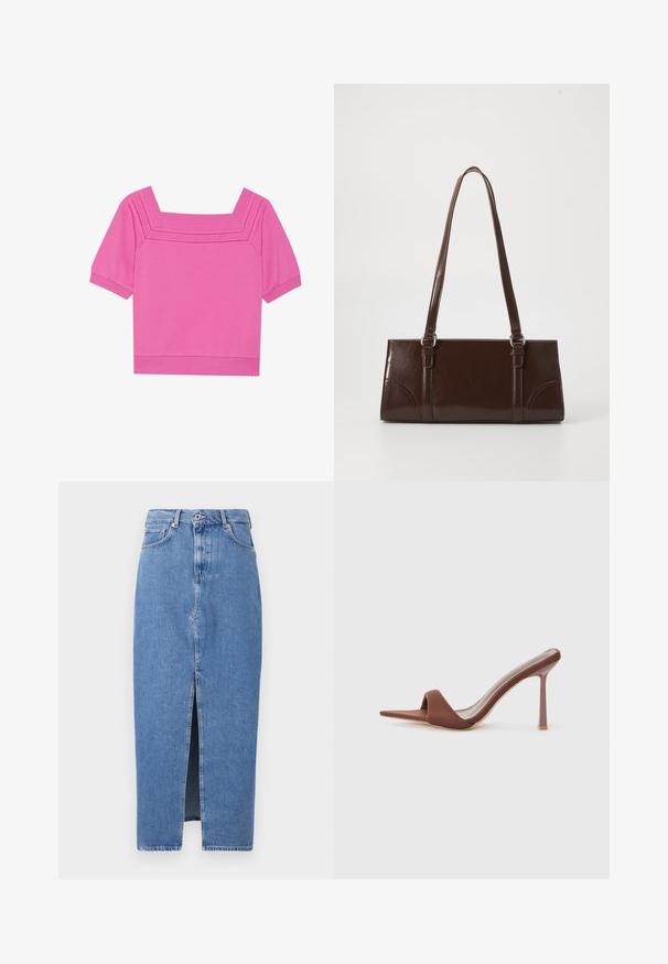 Kort lyserød bomuldsbluse med firkantet udskæring, korte ærmer og perforerede detaljer omkring udskæringen. Glat tekstur, afslappet design.; Lyseblå denim midi-nederdel med en frontslids, klassisk fem-lomme design og lukning med topknap. Stoffet har en let struktur.; Brune hælede sandaler med spids tå, lavet af et glat stof. Har et minimalistisk design med en høj stilettohæl og åben bagdel.; Brun lakeret håndtaske med rektangulær form, to lange håndtag og subtile buede detaljer på fronten.