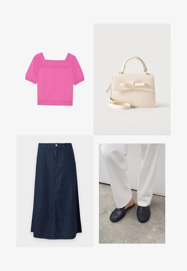 Kort lyserød bomuldsbluse med firkantet udskæring, korte ærmer og perforerede detaljer omkring udskæringen. Glat tekstur, afslappet design.; Denim midi-nederdel i mørkeblå, med lige snit, frontknaplukning og subtile syningsdetaljer langs sømmene.; Person iført hvide bukser og sorte læder slip-on loafers, der står på betongulv.; Lille beige håndtaske med top-håndtag, aftagelig rem, forreste klap og dekorativ vandret sløjfe på en ensfarvet baggrund.