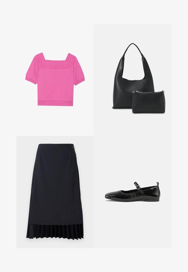 Kort lyserød bomuldsbluse med firkantet udskæring, korte ærmer og perforerede detaljer omkring udskæringen. Glat tekstur, afslappet design.; Sort blyantskirt med plisseret kant, skræddersyet pasform og en glat tekstur. Indeholder en diskret sidelukning og minimalistisk detaljering.; Sorte patentlæder flade sko med spidse tæer, en ankelrem med spænde og en glat, blank tekstur. Lav hæl for komfort.; Even&Odd Håndtasker - black