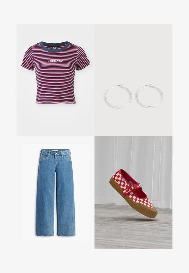 Stripet kortærmet t-shirt i navy, rød og pink. Har en solid navy halsudskæring og broderet "SANTA CRUZ" logo på fronten.; Lysblå bredbenede jeans lavet af denim, med høj talje, fem lommer og en klassisk knaplukning. Lige snit fra lår til kant.; Rød og hvid ternet slip-on sko med brun gummisål og rød spænde rem, svævende over et trægulv med hvide gardiner bagved.; Par skinnende sølvøreringe med tynde trådlåse, vist på en lys grå baggrund.