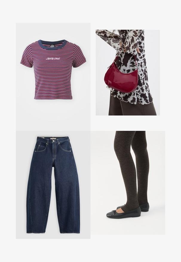 Camiseta de manga corta a rayas en azul marino, rojo y rosa. Presenta un cuello en azul marino sólido y un logotipo bordado de "SANTA CRUZ" en la parte frontal.; Jeans de mezclilla azul oscuro con un ajuste holgado, costuras claras, cinco bolsillos y un cierre de botón en la cintura.; Piernas con leggings oscuros acanalados combinados con bailarinas negras que presentan pequeños detalles de lazo sobre un fondo blanco.; Mujer con blusa de estampado en blanco y negro sosteniendo un bolso de hombro rojo brillante sobre un fondo liso.
