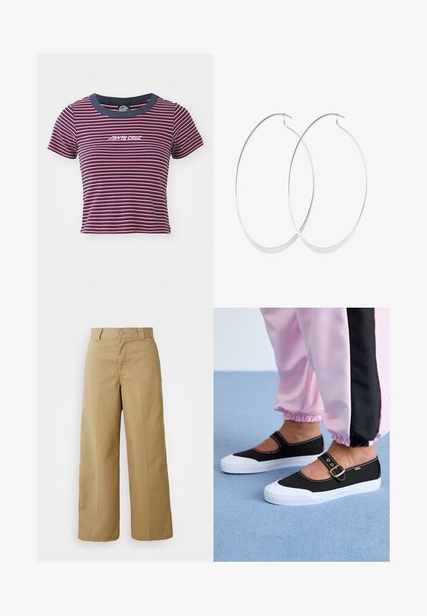 Stripet kortærmet t-shirt i navy, rød og pink. Har en solid navy halsudskæring og broderet "SANTA CRUZ" logo på fronten.; Beige bredde bukser lavet af en blanding af bomuldsstof, med knaplukning, bæltestropper og forlommer.; Sorte lærredssko med en hvid sål, der har et udskæringsdesign og et guldspænde. Bæret med lyserøde træningsbukser.; Sølv hoops øreringe med et tyndt, glat design; langstrakt oval form; poleret finish; har en sikker krog lukning.
