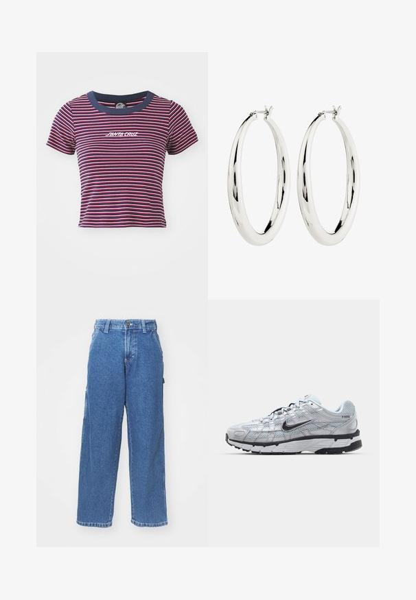 Stripet kortærmet t-shirt i navy, rød og pink. Har en solid navy halsudskæring og broderet "SANTA CRUZ" logo på fronten.; Blå denim wide-leg bukser med høj talje, knaplukning og sidelommer. Bleget vask med en blød tekstur og lige snit.; Nike P-6000 sneakers med en lys grå mesh overdel, sorte accenter og en holdbar sort gummisål. Har et detaljeret design og snøresystem.; Sølv hoops øreringe med en glat, reflekterende overflade. Rund, stor form med en sikker lås øverst. Den polerede finish fremhæver glansen.