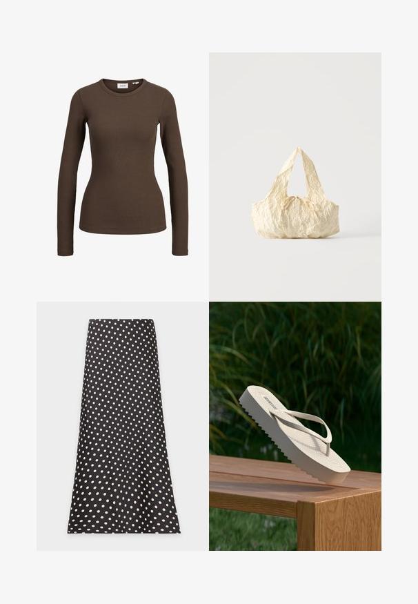 Brun ribbet langærmet tætsiddende skjorte med rund halsudskæring, vist på en hvid baggrund.; Sort A-formet nederdel med hvide polkaprikker jævnt fordelt over stoffet, vist fladt på en hvid baggrund.; Beige platform-flipflop sandaler vippet på kanten på et træbord med grønne planter sløret i baggrunden.; Håndtaske i cremefarvet tekstureret stof med top-håndtag og en lille bundet sløjfe-detalje midt foran.