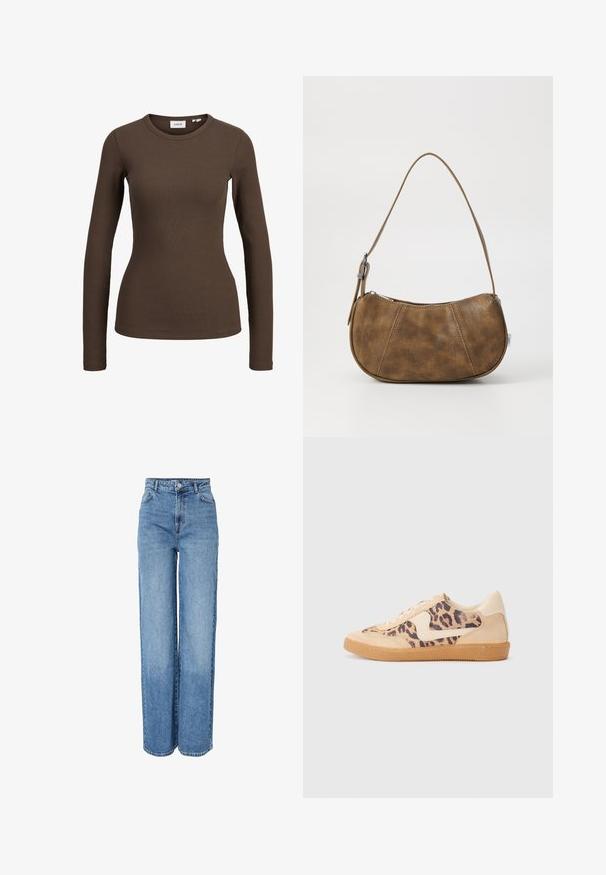 Brun ribbet langærmet tætsiddende skjorte med rund halsudskæring, vist på en hvid baggrund.; Blå denimjeans med højtaljet, lige ben, foran med knap- og lynlåslukning, bæltestropper samt lommer foran og bagpå.; Leopardprint sneakers med beige ruskindsoverdel, tan gummisål og hvide detaljer. Rund pegefinger og snørebåndsdesign med en tekstureret finish.; Brun faux læder skuldertaske med en buet form, en enkelt strop, kontrasterende syninger og en lynlåslukning langs den øverste kant.