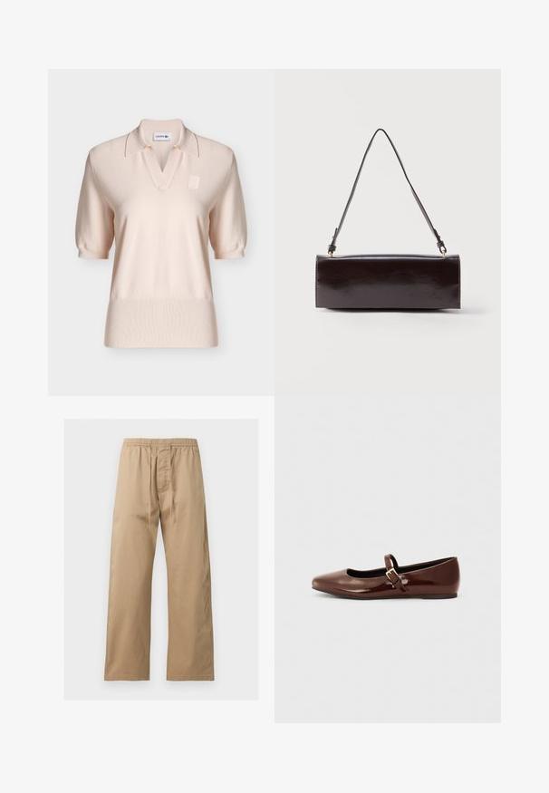 Polo à manches courtes rose clair avec col, ourlet et poignets côtelés, et un petit logo embossé sur la poitrine.; Pantalon marron clair à coupe ample avec taille élastique et cordon à l’avant, en tissu léger, présenté sur un fond uni.; Ballerine en cuir verni marron avec un bout carré et une lanière ornée d'une petite boucle dorée. Texture lisse, talon bas et design minimaliste.; Sac à main rectangulaire en cuir noir avec une longue bandoulière unique et une finition brillante, présenté sur un fond blanc uni.