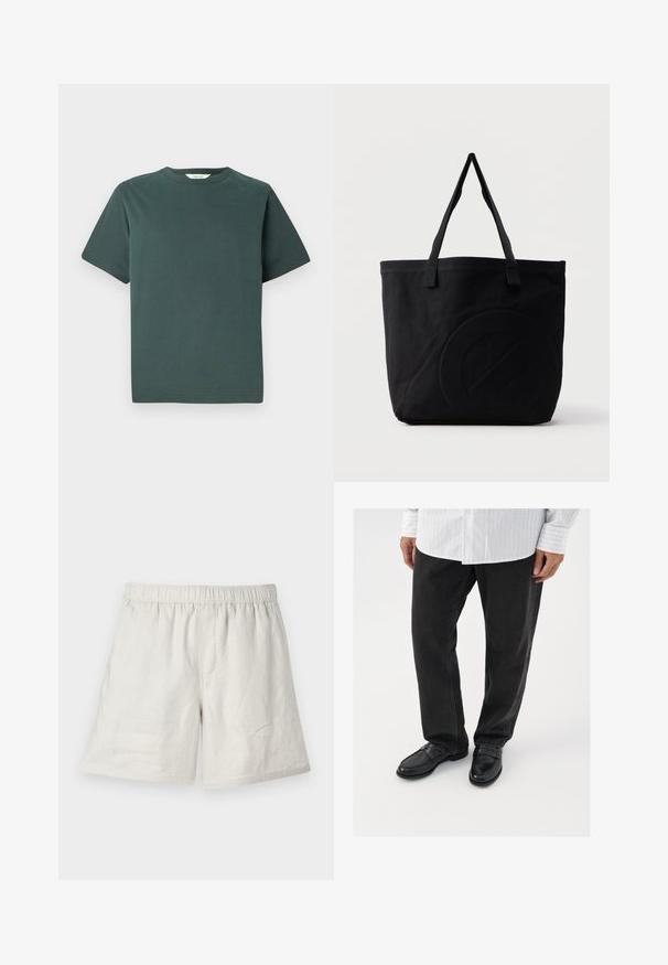 Camiseta de algodón verde oscuro con escote redondo, mangas cortas y un corte holgado; textura suave y sin patrones o acentos visibles.; Pantalones cortos de lino color beige claro con cintura elástica, que presentan un corte relajado y costuras mínimas para un diseño simple y casual.; Pantalones de mezclilla negros combinados con mocasines negros brillantes. La camisa es blanca con finas rayas verticales, de mangas largas y con cuello abotonado.; Bolsa tote de lona negra con dos correas para el hombro y un diseño circular en relieve sutil en el frente.