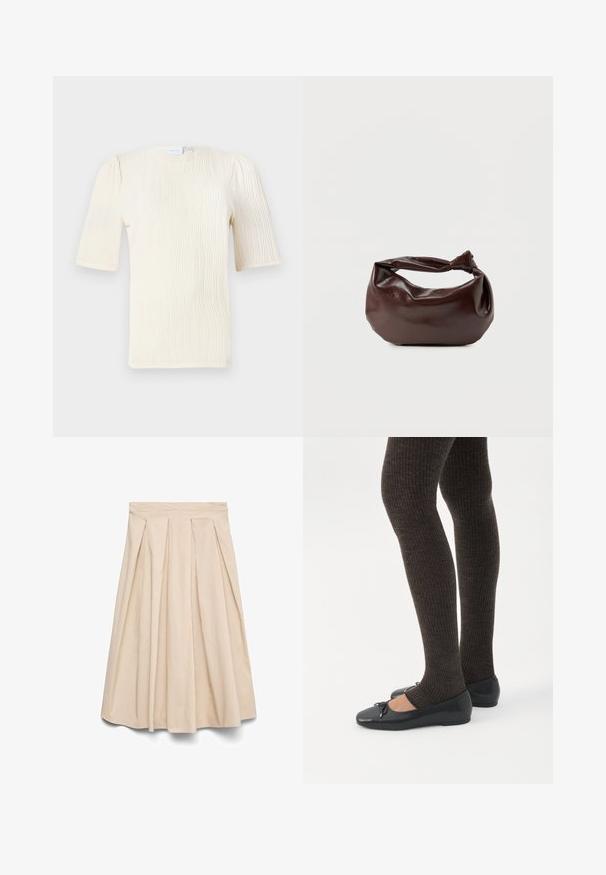 Blusa de manga corta color crema con un patrón de olas texturizado. Escote redondo y detalles de fruncido sutil en las mangas. Tejido ligero.; Falda midi beige con cintura alta y plisados frontales, silueta acampanada y tela lisa.; Piernas con leggings oscuros acanalados combinados con bailarinas negras que presentan pequeños detalles de lazo sobre un fondo blanco.; Bolso de hombro de cuero marrón oscuro con una forma suave y caída, y un asa con nudo torcido sobre un fondo blanco liso.