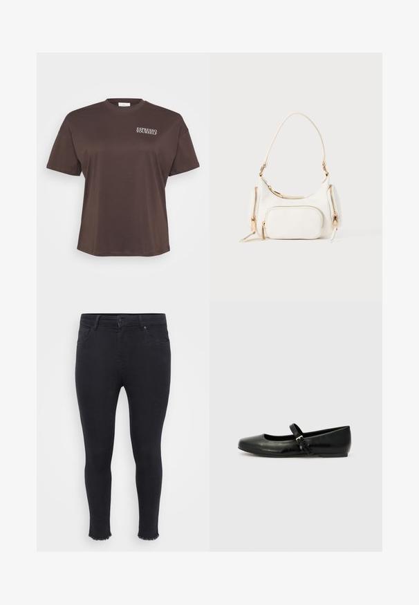 Brun t-shirt med korte ærmer og teksten "ESPRESSO YOURSELF" i hvidt på øverste venstre side. Simpelt, afslappet design.; Sorte tætsiddende jeans lavet af denim med en frynset kant ved anklen, to forlommer og en knaplukning i taljen.; Sorte læder balletflade med rund tå, flad sål og en tynd justerbar rem over svangen med en metalspænde.; Hvid håndtaske med en kort skulderrem, tekstureret overflade, flere lynlåslommer og detaljer i guldfarvet metal. Kompakt og moderne design.