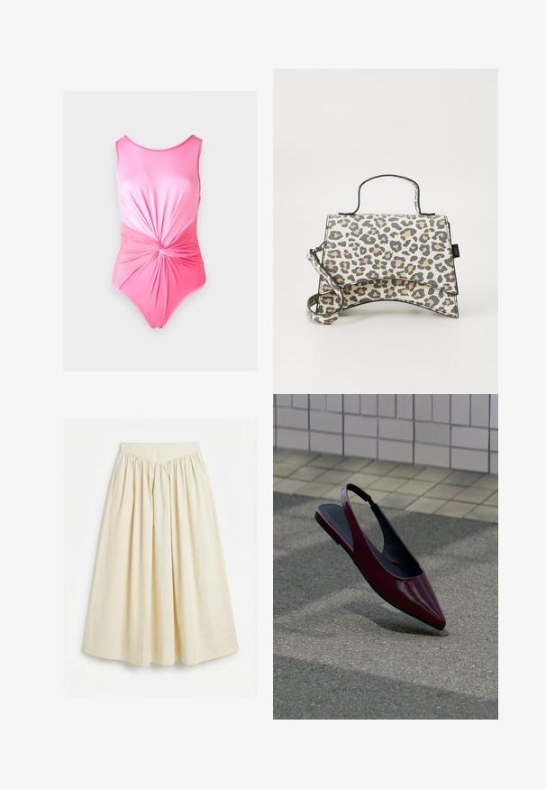 Pink one-piece badedragt med en glat tekstur, der har en samlet snoet detalje i taljen og en rund halsudskæring.; Middellang nederdel i cremefarve med højtaljet pasform, opsamlede læg og sidelommer, vist fladt på hvid baggrund.; Bordeaux laklæder slingback flad sko med spids tå, svævende over tekstureret fortov nær flisebelagt væg.; Læderprint taske med en struktureret design, der har et håndtag på toppen og en aftagelig rem. Lavet af glat materiale med sorte detaljer.