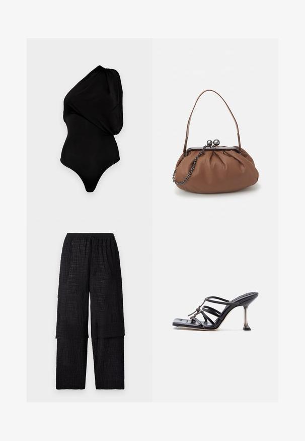 Must beebi õlapea bodysuit, mis on valmistatud siledast materjalist, millel on drapeeritud disain ja keha kallutav siluett koos kõrge lõikega jalaga.; Henrik Vibskov SHANTS PANTS - Püksid - black; Mustad kõrgete kontsadega sandaal ruudukujulise varbaosaga ja õhukese kontsaga, millel on kattuvad rihmad ja sõlmitud detail peal.; Pruuni nahast käekott, millel on kokkuvõetud disain, lühike nahkstang ja kettrihm. Omab hõbedast metallist klambrit, millel on kaks ümmargust aktsenti.