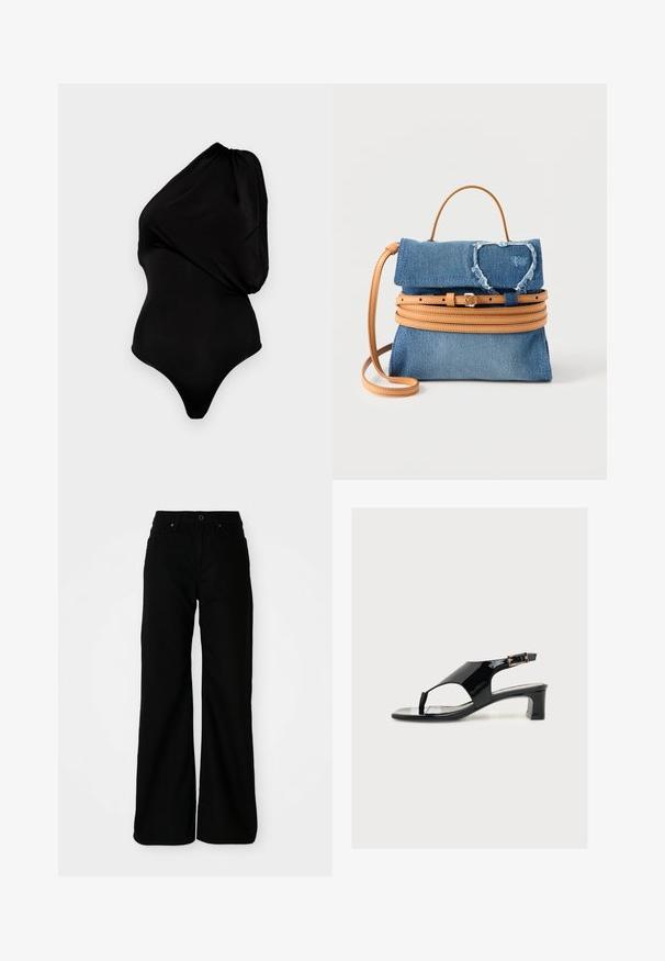Must beebi õlapea bodysuit, mis on valmistatud siledast materjalist, millel on drapeeritud disain ja keha kallutav siluett koos kõrge lõikega jalaga.; Mustad laiade säärega püksid, mis on valmistatud denimpallist. Omavad istuvat vööd, eesolevaid taskuid ja nööp sulgemist. Sile tekstuur minimaalse detailide arvuga.; Mustast lakknahast madala plokk-kontsaga naiste sandaal, avatud varbaosaga, rihmaga kanna taga ja väike kuldne pandlaga kinnitusega, ühtlasel taustal.; Väike sinine teksakotis koos pruunide nahkrihmade ja vöödetailidega, millel on lipsuga südamikujuline narmendav plaat.