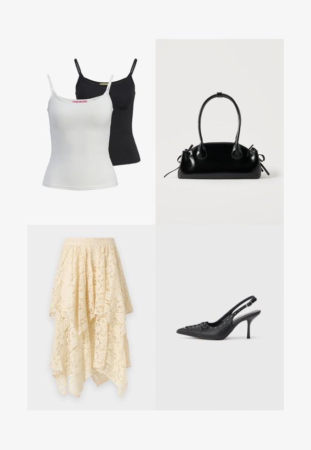 Dos camisetas sin mangas básicas en negro y blanco, hechas de una tela suave y elástica. Presentan tirantes finos y un diseño simple y ajustado.; Falda alta-baja de encaje crema con dobladillo en forma de ondas y cintura elástica, con patrones florales y espirales en toda la tela.; Sandal de tacón stiletto negro de cuero con punta afilada, correa lateral con hebilla, tachuelas a lo largo del borde y cordones decorativos en la parte delantera.; Pequeño bolso negro brillante con dos asas largas y detalles de cordón lateral sobre un fondo claro liso.