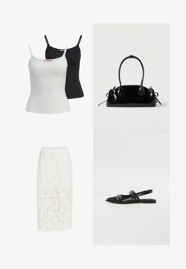 Twee basis tanktops in zwart en wit, gemaakt van een gladde, rekbare stof. Voorzien van dunne bandjes en een eenvoudig, getailleerd ontwerp.; Witte kanten midi-rok met bloemenpatronen, met een effen voering die boven de knie eindigt en doorschijnende kant die tot halverwege de kuit reikt.; Even&Odd by Zalando Slingback ballerina´s - black; Kleine zwarte glanzende handtas met twee lange hengsels en zijkant trekkoord details op een effen lichte achtergrond.