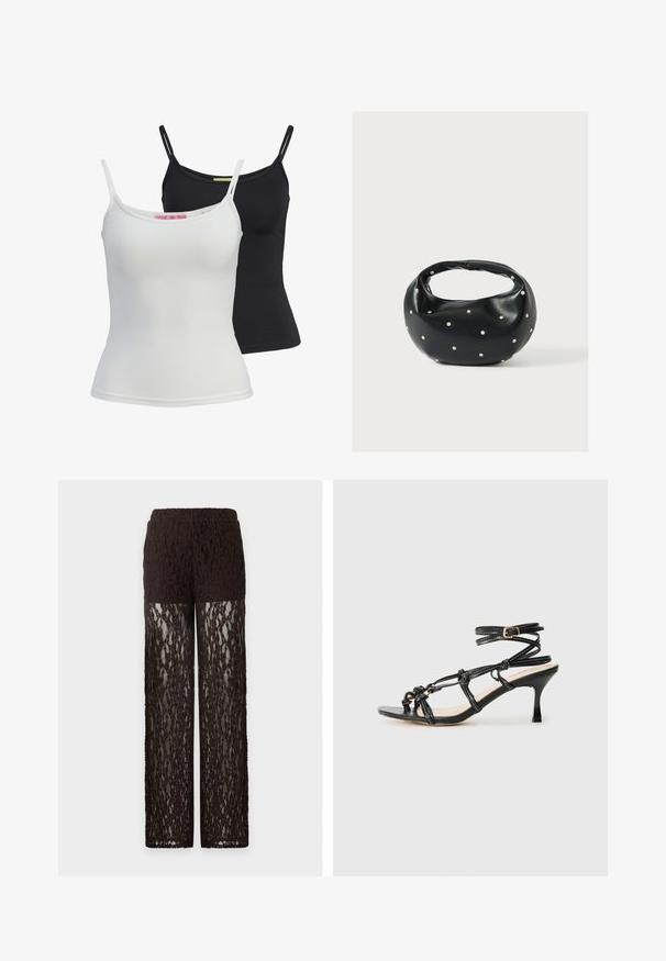 Dos camisetas sin mangas básicas en negro y blanco, hechas de una tela suave y elástica. Presentan tirantes finos y un diseño simple y ajustado.; Pantalones de encaje marrón con sección opaca en la parte superior del muslo y piernas de encaje transparente, corte recto y cintura elástica.; Sandalia de tacón alto de charol negro con diseño de tiras, correa en el tobillo ajustable y detalles anudados. Textura suave, punta afilada.; Bolso de mano de cuero negro con forma redondeada, decorado con detalles de tachuelas plateadas y un asa corta. Textura lisa y cierre con cremallera.