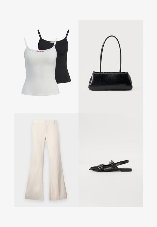 Dos camisetas sin mangas básicas en negro y blanco, hechas de una tela suave y elástica. Presentan tirantes finos y un diseño simple y ajustado.; Pantalones beige acampanados confeccionados en una mezcla de lino ligera. Cuentan con un cierre de botón en la parte delantera y bolsillos laterales. Textura suave, diseño casual.; Even&Odd Bailarinas con tira trasera - black; Bolso de hombro rectangular negro con correas largas y delgadas y una textura lisa y brillante sobre un fondo liso.